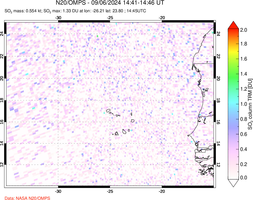 A sulfur dioxide image over Cape Verde Islands on Sep 06, 2024.