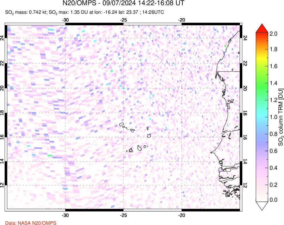 A sulfur dioxide image over Cape Verde Islands on Sep 07, 2024.