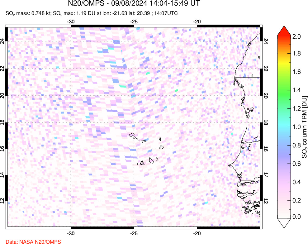 A sulfur dioxide image over Cape Verde Islands on Sep 08, 2024.