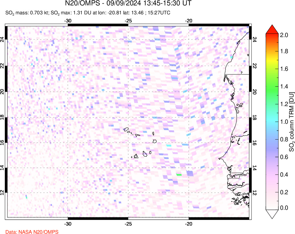 A sulfur dioxide image over Cape Verde Islands on Sep 09, 2024.