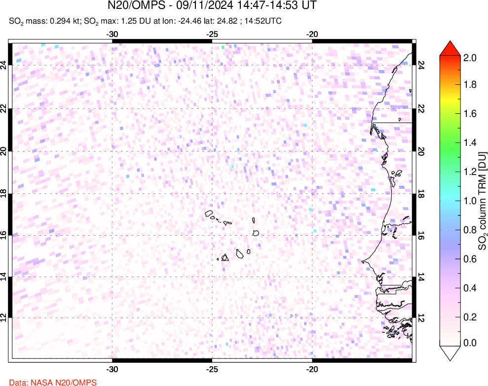 A sulfur dioxide image over Cape Verde Islands on Sep 11, 2024.