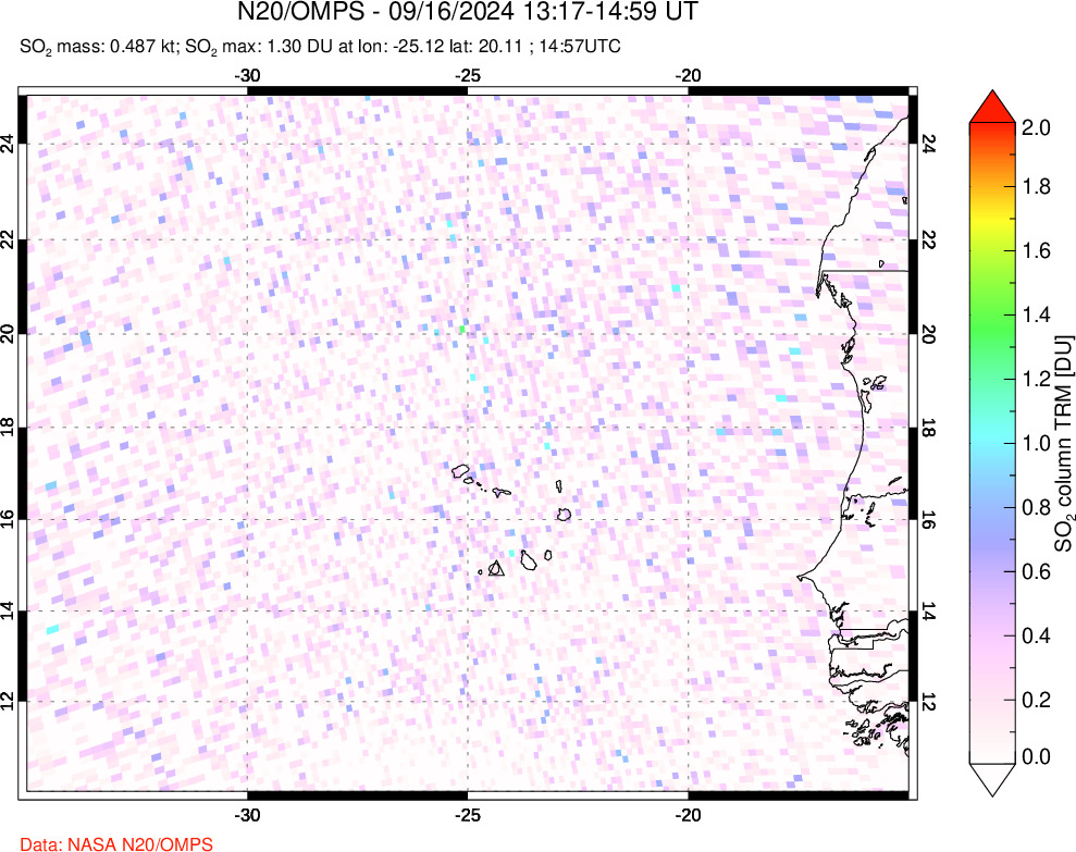 A sulfur dioxide image over Cape Verde Islands on Sep 16, 2024.