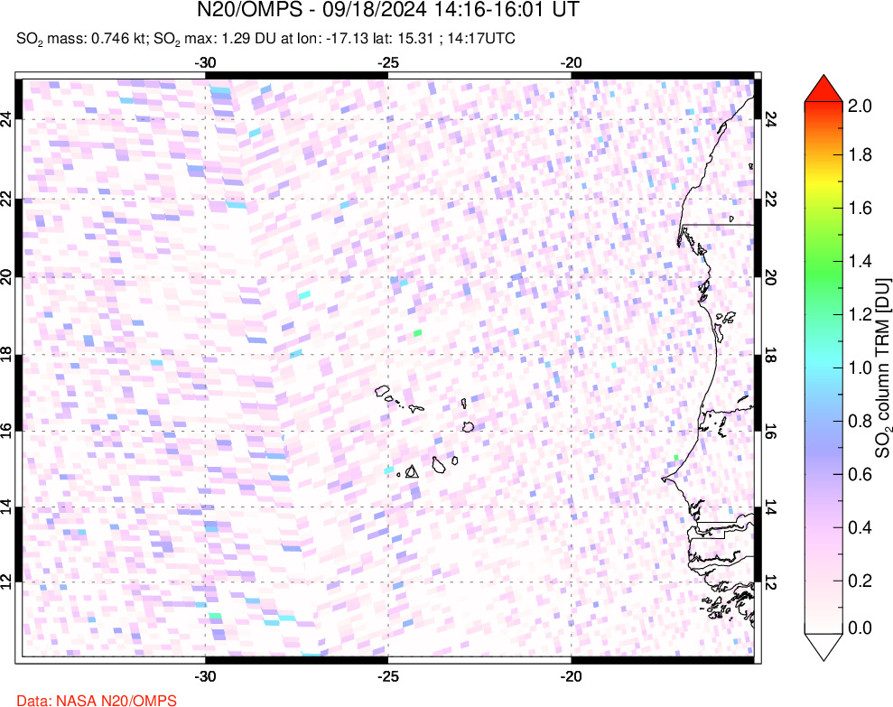 A sulfur dioxide image over Cape Verde Islands on Sep 18, 2024.