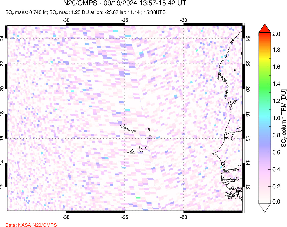 A sulfur dioxide image over Cape Verde Islands on Sep 19, 2024.