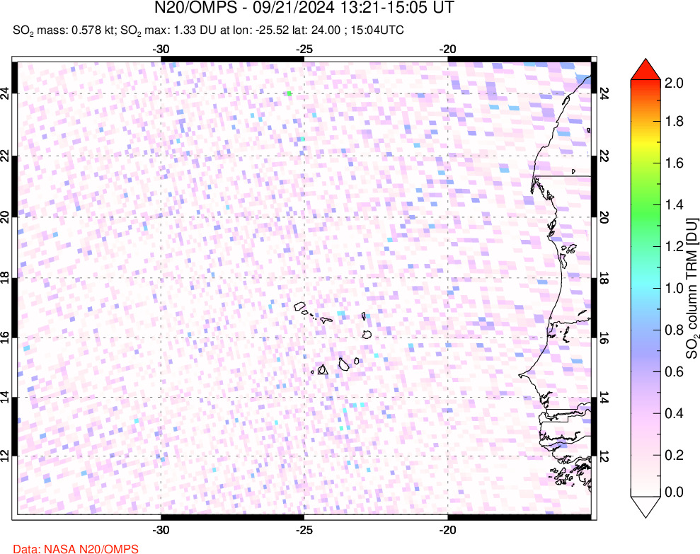 A sulfur dioxide image over Cape Verde Islands on Sep 21, 2024.