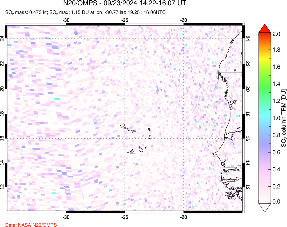 A sulfur dioxide image over Cape Verde Islands on Sep 23, 2024.