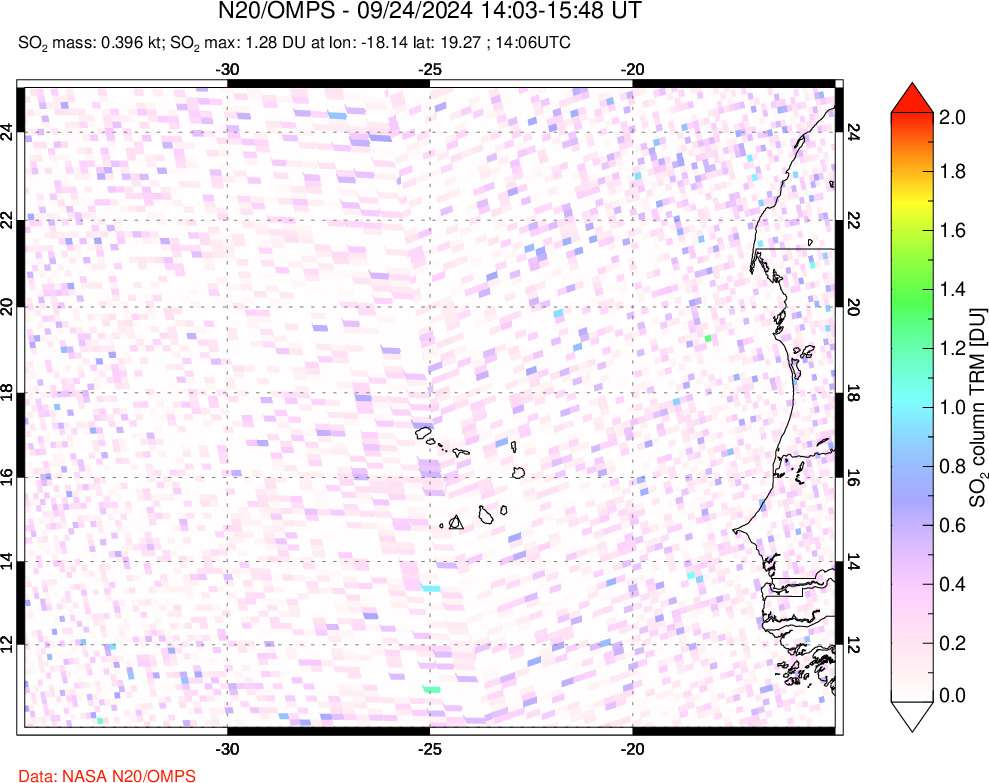 A sulfur dioxide image over Cape Verde Islands on Sep 24, 2024.