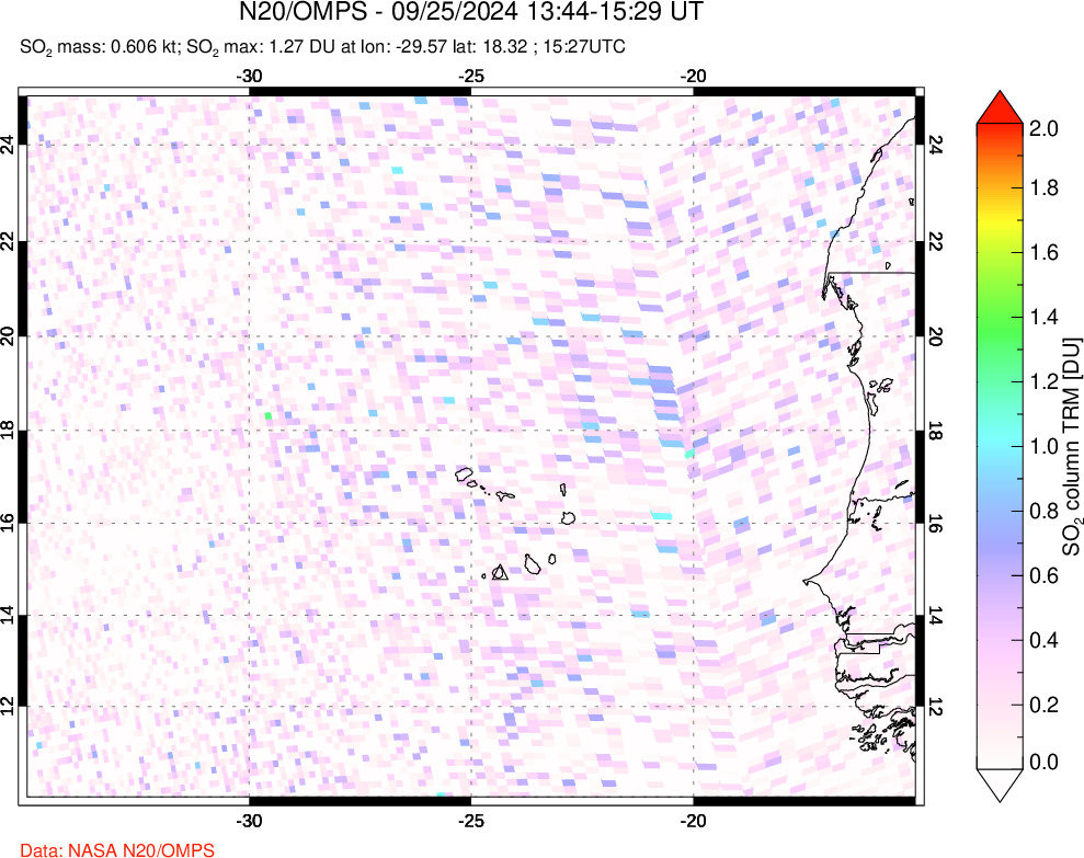 A sulfur dioxide image over Cape Verde Islands on Sep 25, 2024.