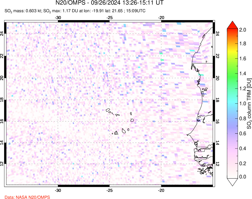 A sulfur dioxide image over Cape Verde Islands on Sep 26, 2024.