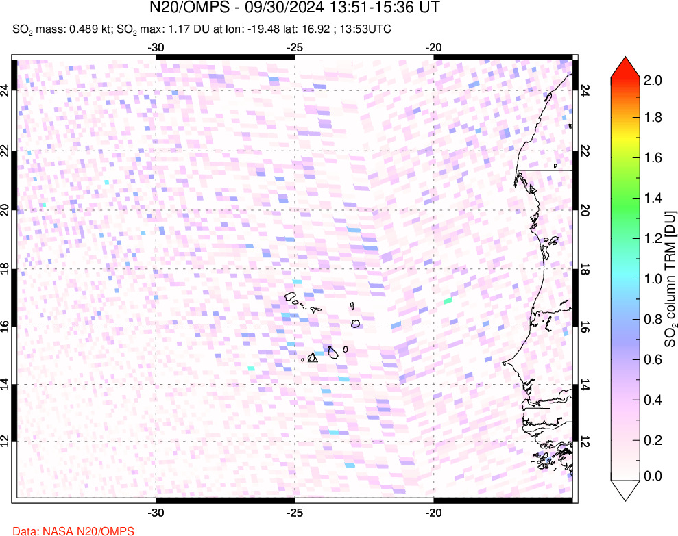 A sulfur dioxide image over Cape Verde Islands on Sep 30, 2024.