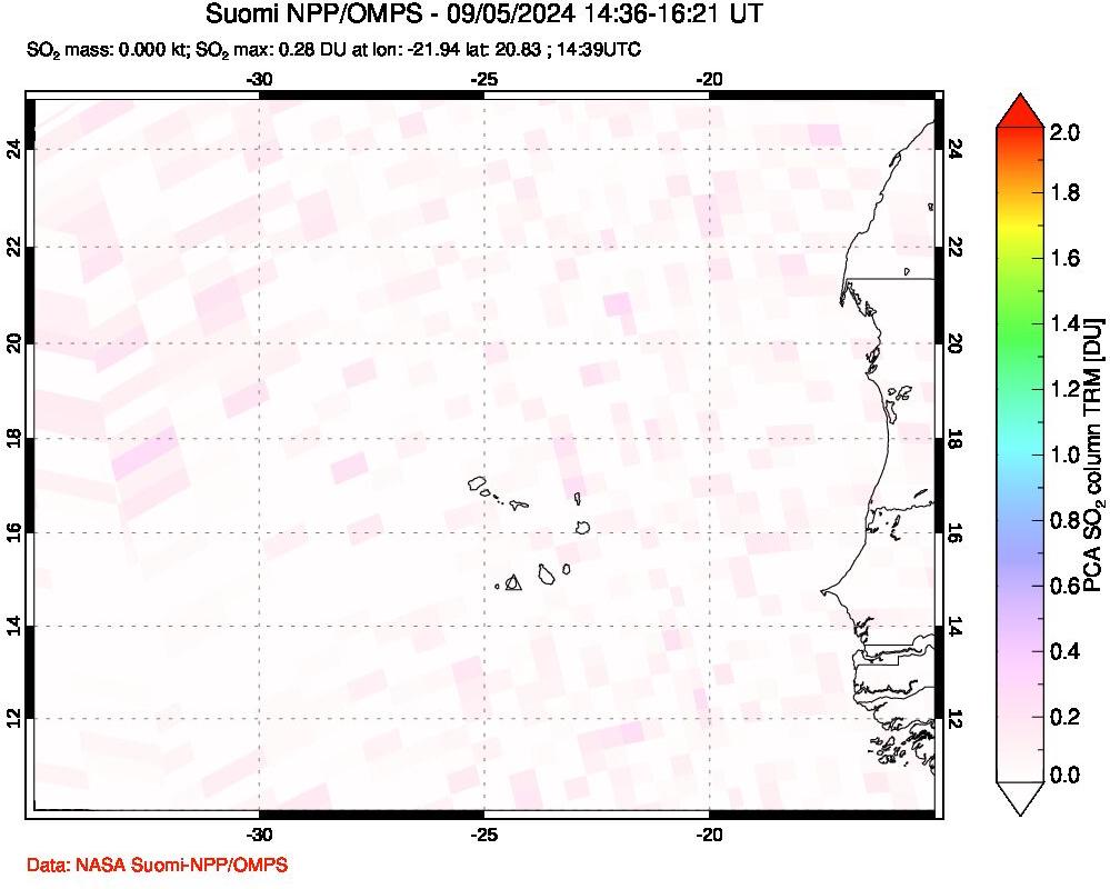 A sulfur dioxide image over Cape Verde Islands on Sep 05, 2024.