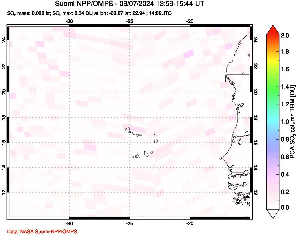 A sulfur dioxide image over Cape Verde Islands on Sep 07, 2024.