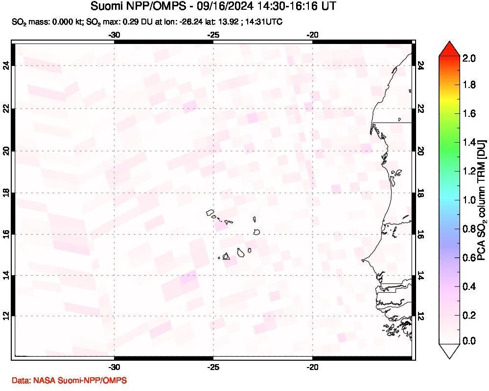 A sulfur dioxide image over Cape Verde Islands on Sep 16, 2024.