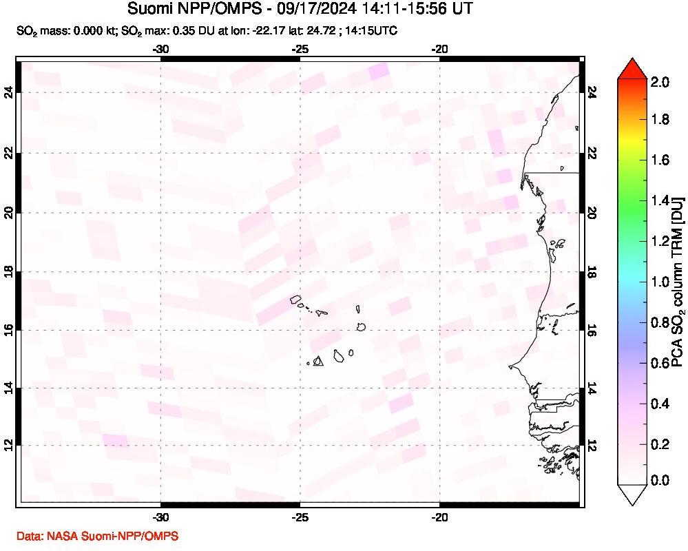 A sulfur dioxide image over Cape Verde Islands on Sep 17, 2024.