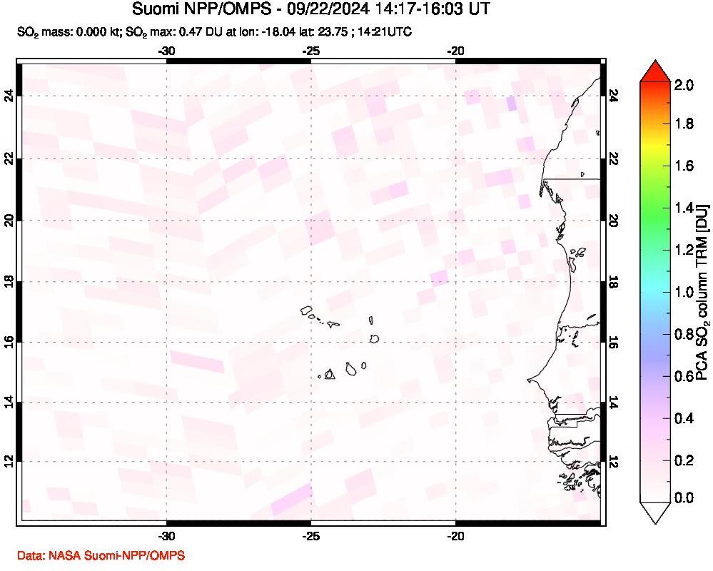 A sulfur dioxide image over Cape Verde Islands on Sep 22, 2024.