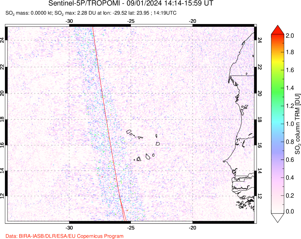 A sulfur dioxide image over Cape Verde Islands on Sep 01, 2024.