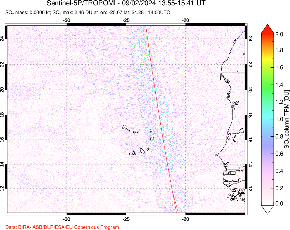 A sulfur dioxide image over Cape Verde Islands on Sep 02, 2024.