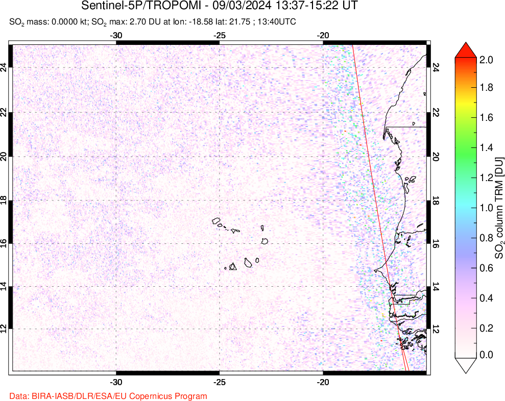 A sulfur dioxide image over Cape Verde Islands on Sep 03, 2024.