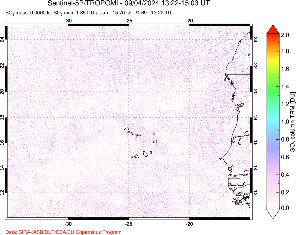 A sulfur dioxide image over Cape Verde Islands on Sep 04, 2024.