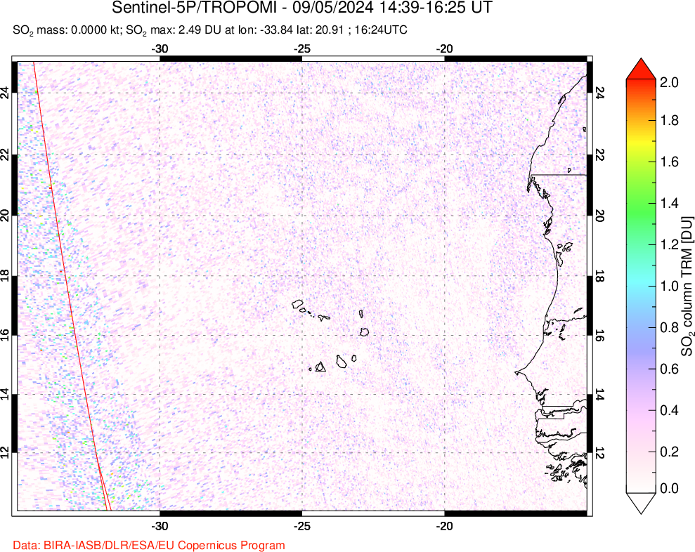 A sulfur dioxide image over Cape Verde Islands on Sep 05, 2024.