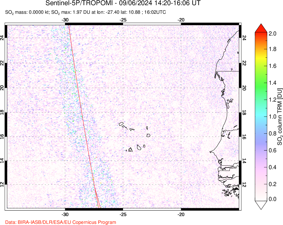 A sulfur dioxide image over Cape Verde Islands on Sep 06, 2024.