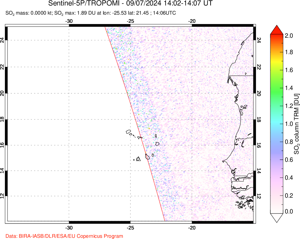 A sulfur dioxide image over Cape Verde Islands on Sep 07, 2024.