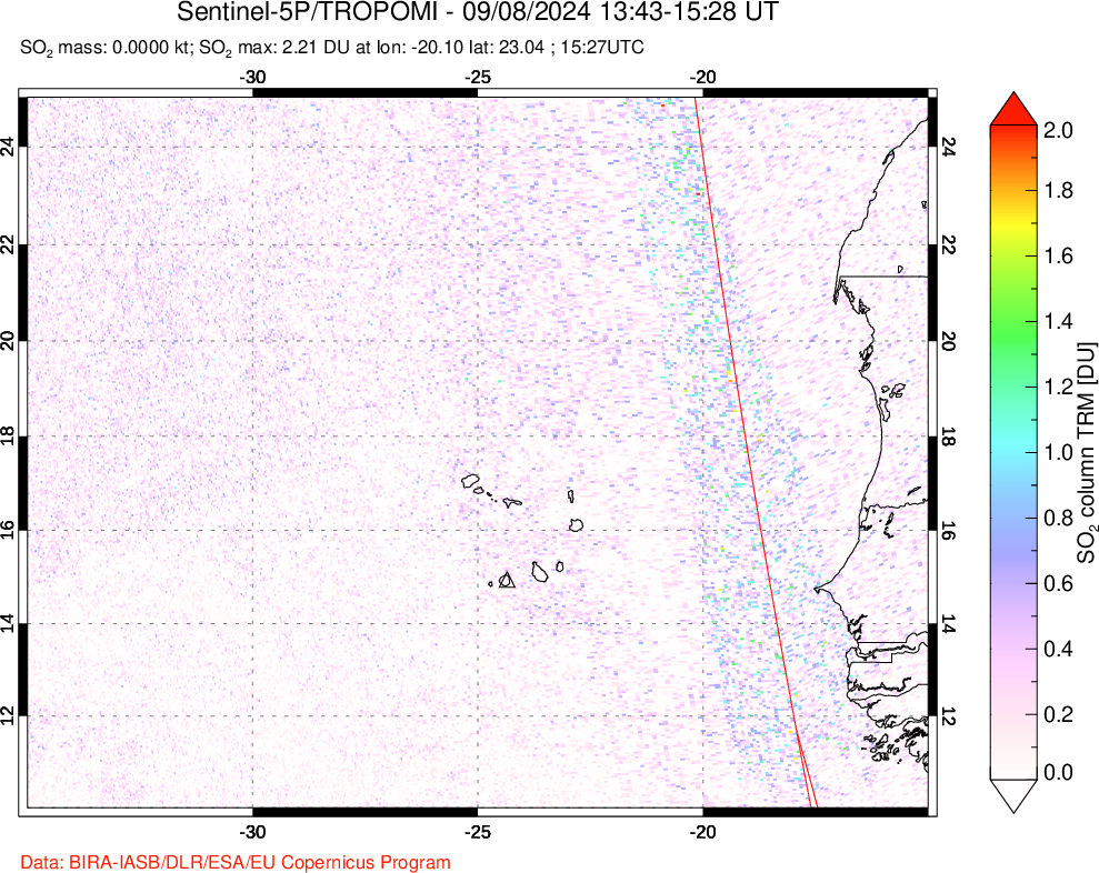 A sulfur dioxide image over Cape Verde Islands on Sep 08, 2024.