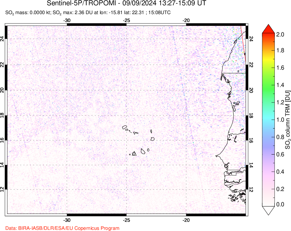 A sulfur dioxide image over Cape Verde Islands on Sep 09, 2024.