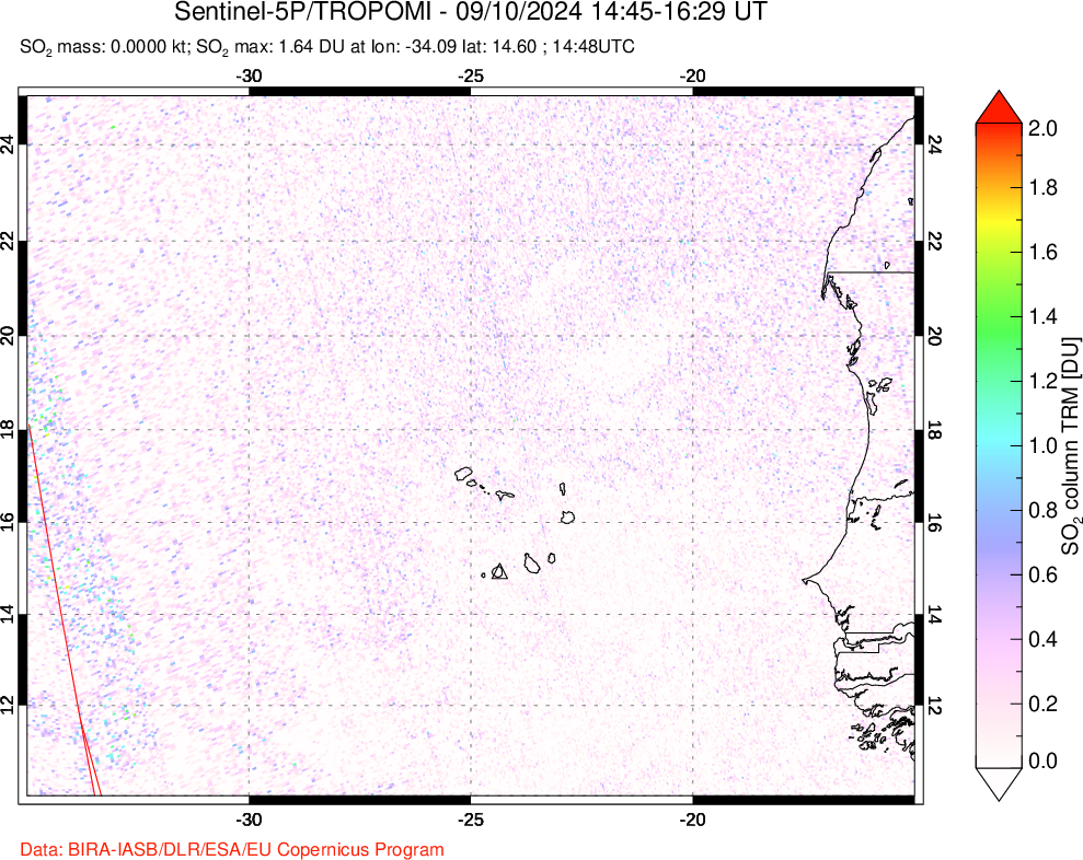 A sulfur dioxide image over Cape Verde Islands on Sep 10, 2024.