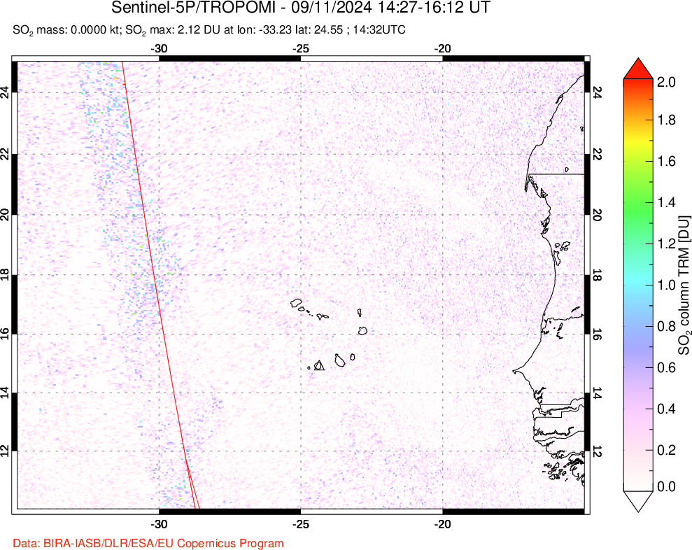 A sulfur dioxide image over Cape Verde Islands on Sep 11, 2024.