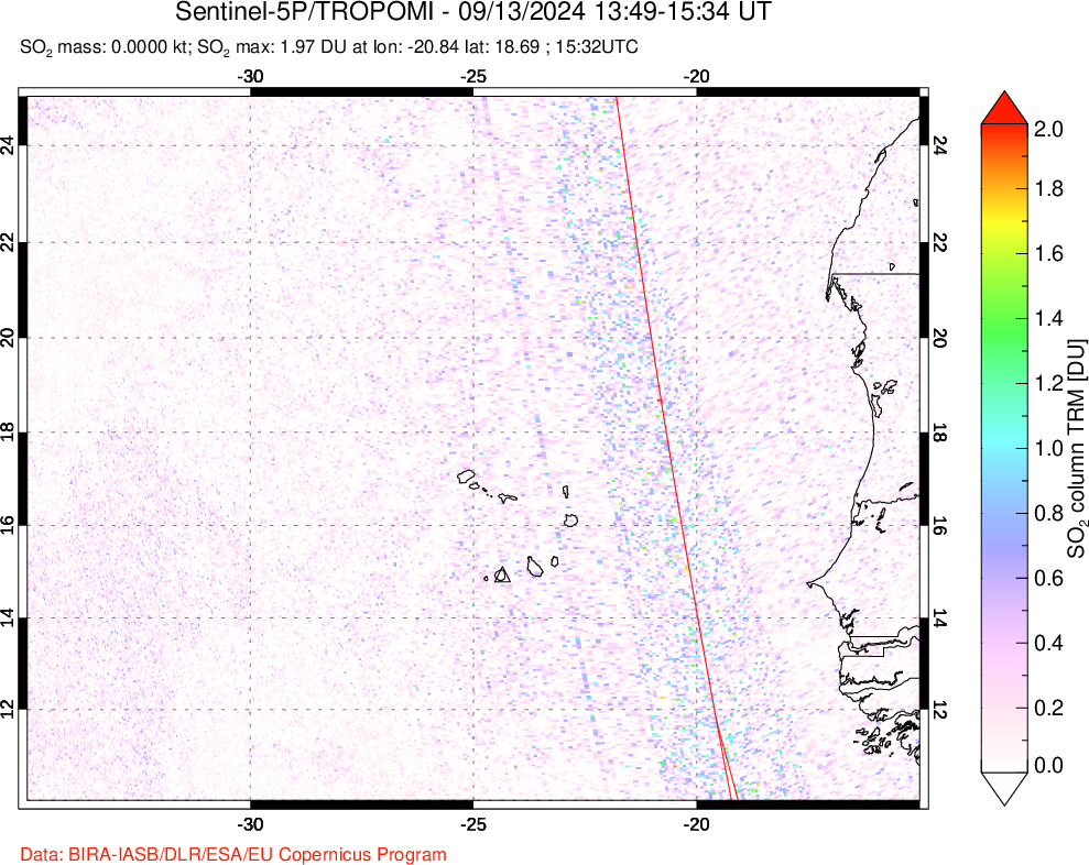 A sulfur dioxide image over Cape Verde Islands on Sep 13, 2024.