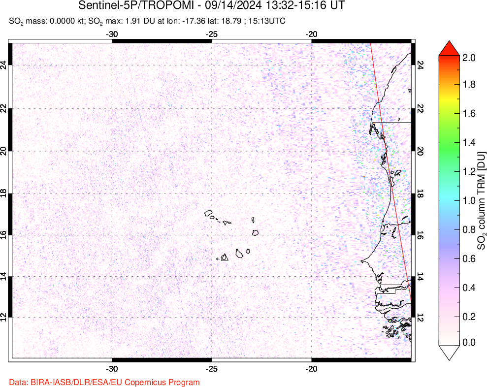 A sulfur dioxide image over Cape Verde Islands on Sep 14, 2024.