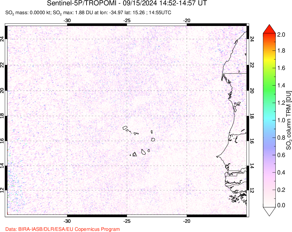 A sulfur dioxide image over Cape Verde Islands on Sep 15, 2024.