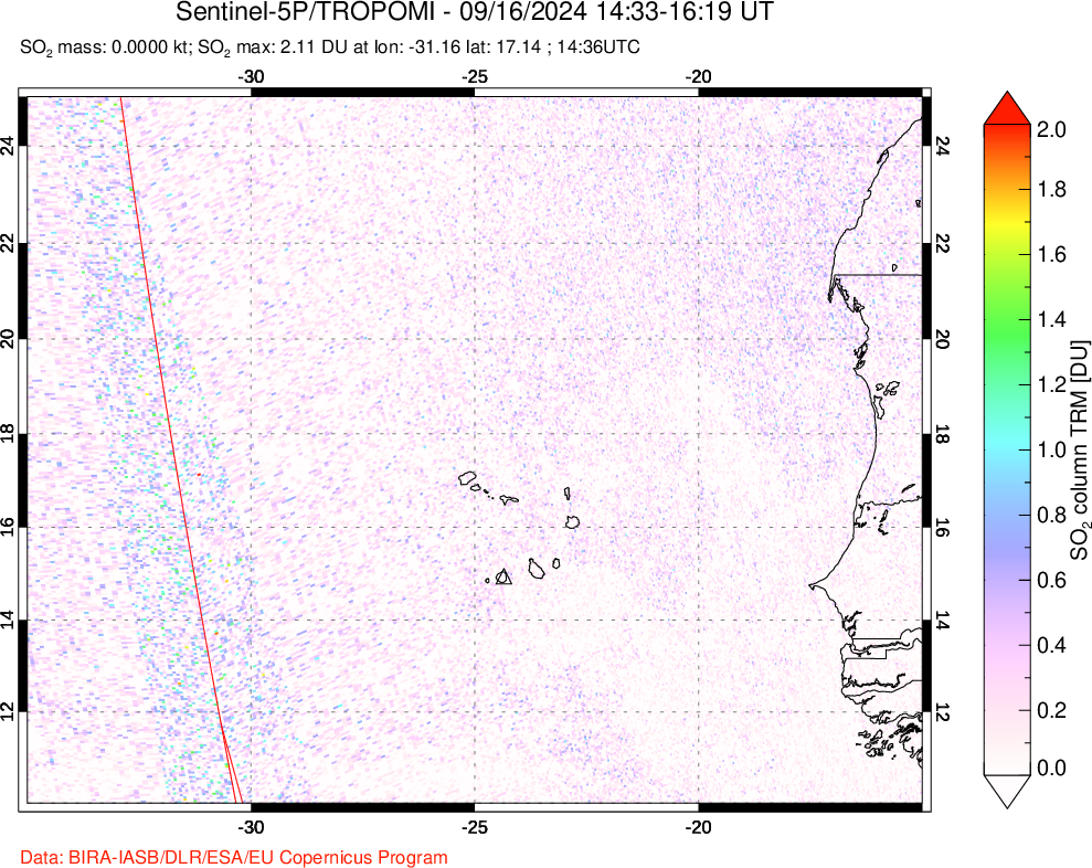 A sulfur dioxide image over Cape Verde Islands on Sep 16, 2024.