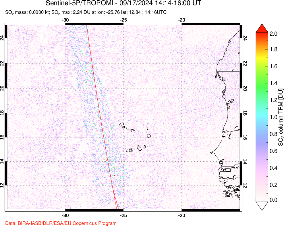 A sulfur dioxide image over Cape Verde Islands on Sep 17, 2024.