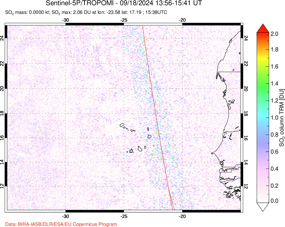 A sulfur dioxide image over Cape Verde Islands on Sep 18, 2024.