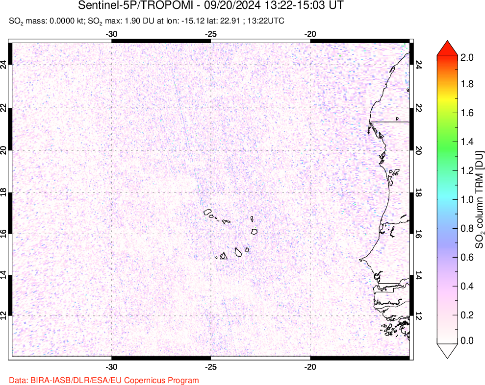 A sulfur dioxide image over Cape Verde Islands on Sep 20, 2024.