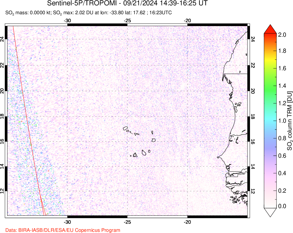 A sulfur dioxide image over Cape Verde Islands on Sep 21, 2024.