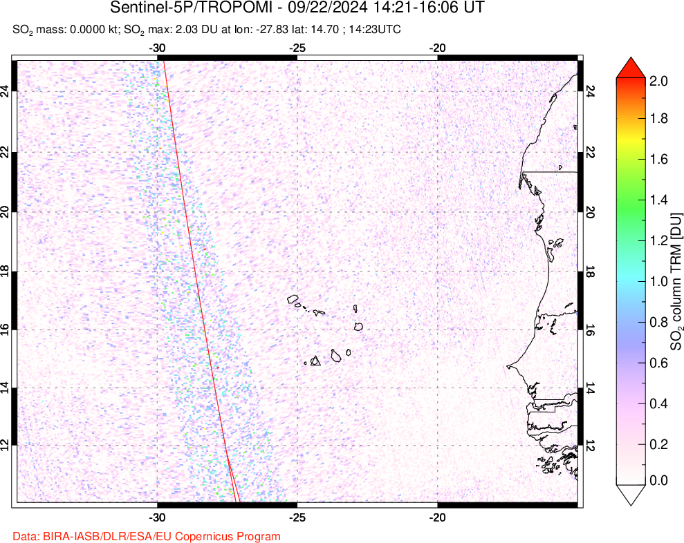 A sulfur dioxide image over Cape Verde Islands on Sep 22, 2024.