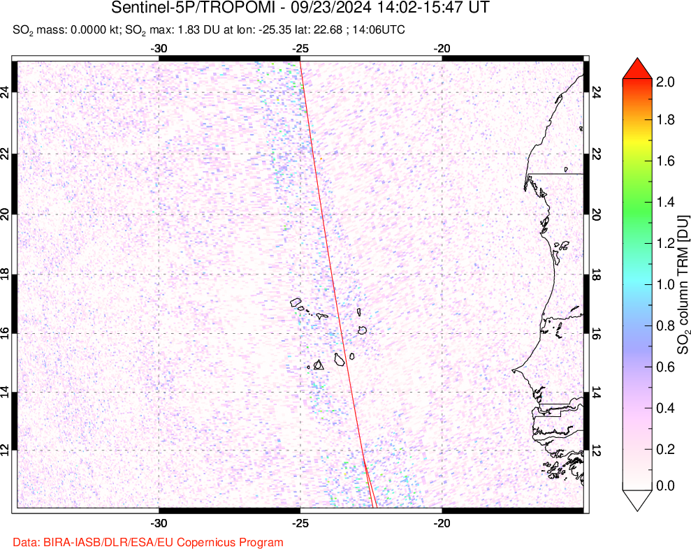 A sulfur dioxide image over Cape Verde Islands on Sep 23, 2024.