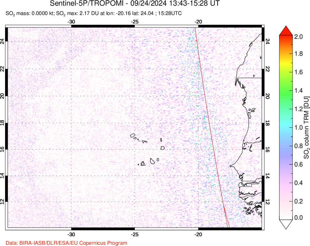 A sulfur dioxide image over Cape Verde Islands on Sep 24, 2024.