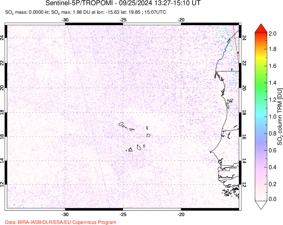 A sulfur dioxide image over Cape Verde Islands on Sep 25, 2024.