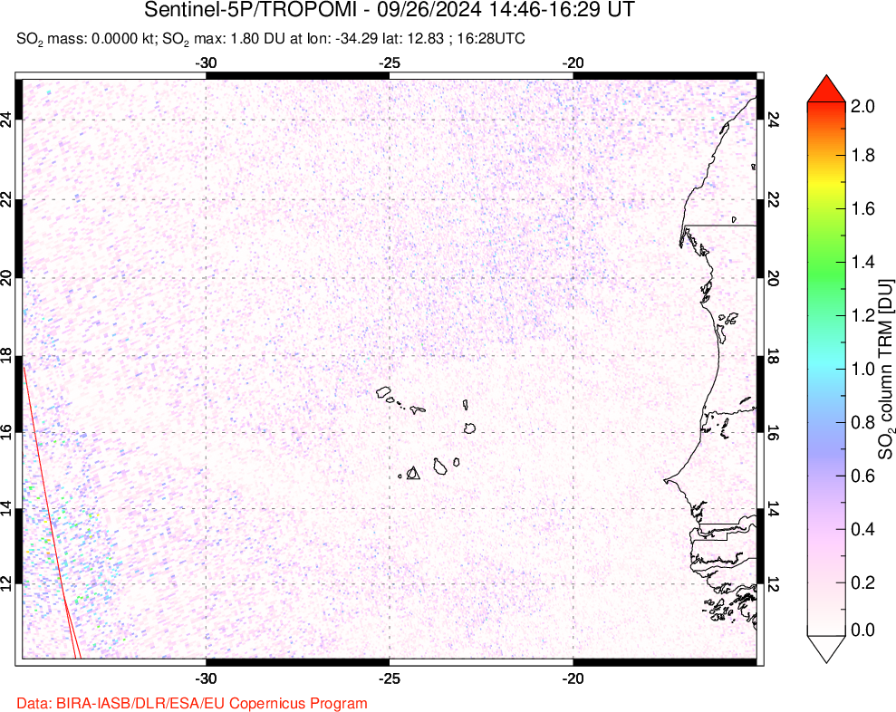 A sulfur dioxide image over Cape Verde Islands on Sep 26, 2024.