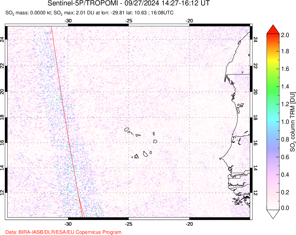 A sulfur dioxide image over Cape Verde Islands on Sep 27, 2024.