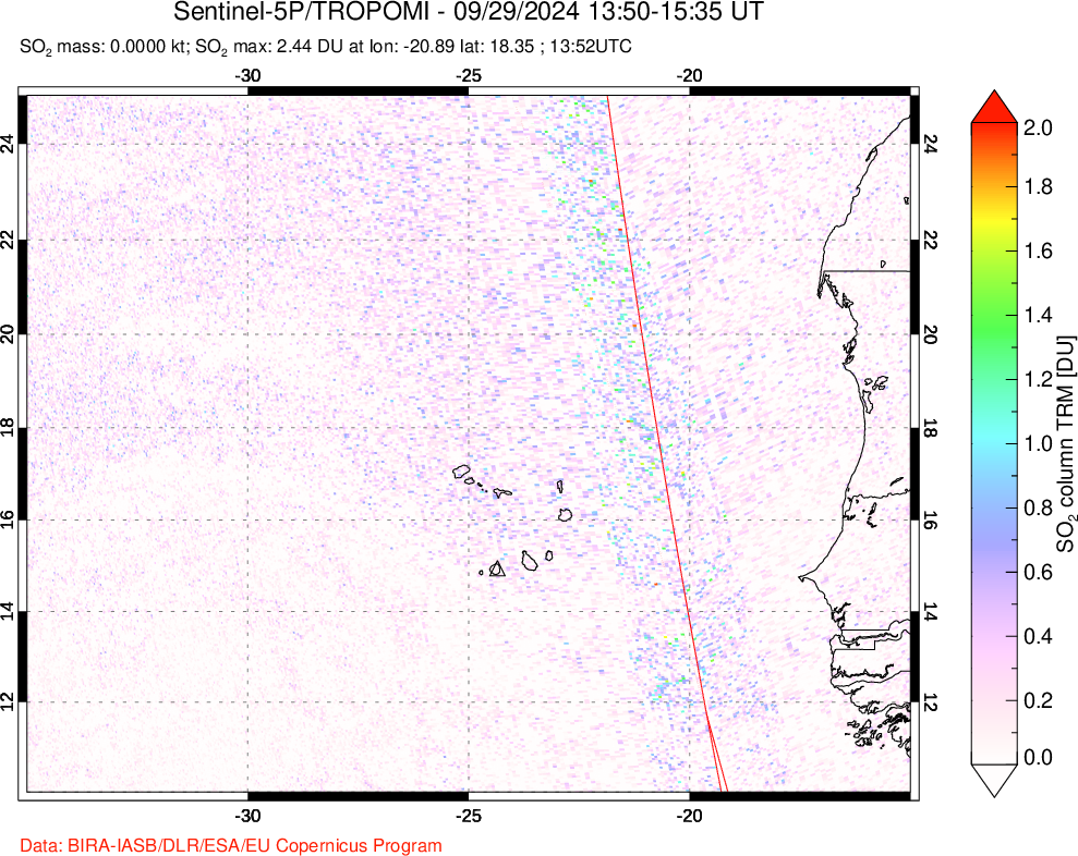 A sulfur dioxide image over Cape Verde Islands on Sep 29, 2024.