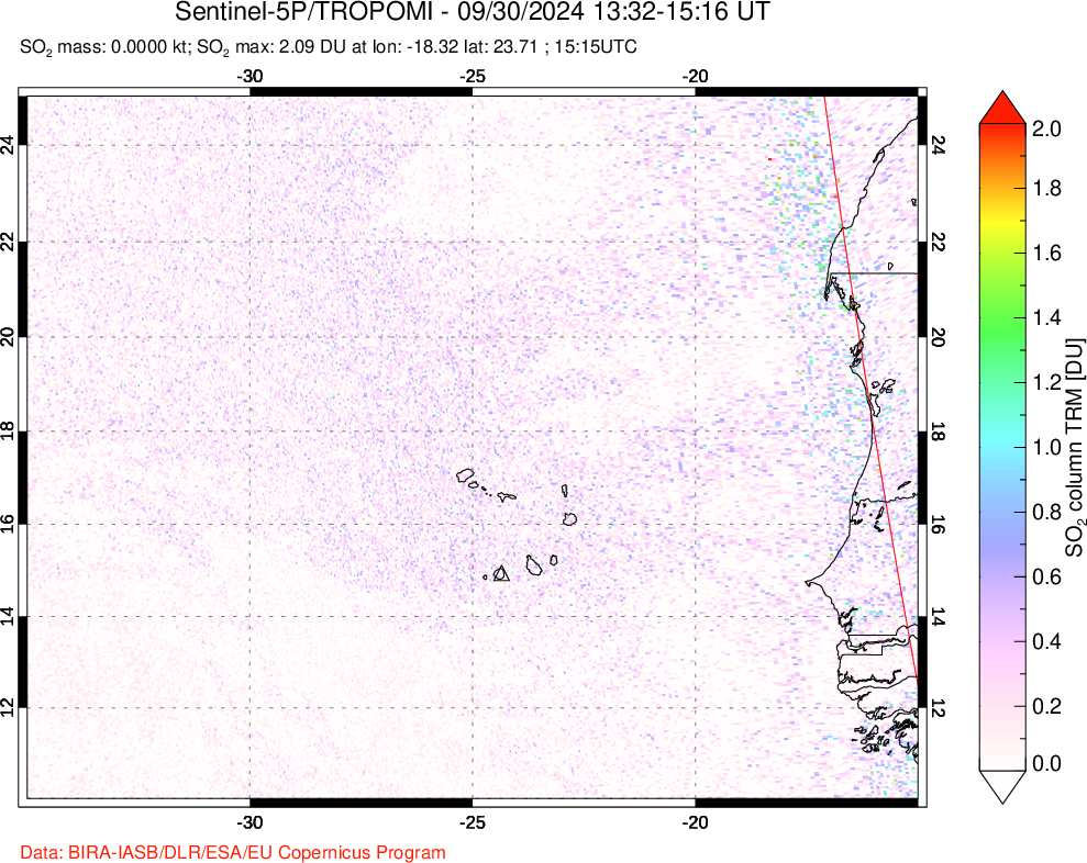 A sulfur dioxide image over Cape Verde Islands on Sep 30, 2024.