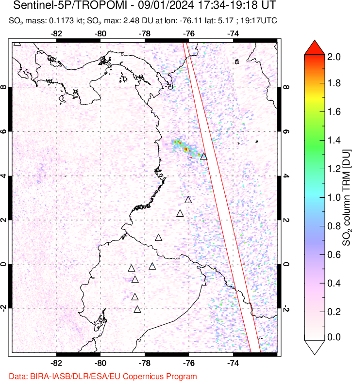 A sulfur dioxide image over Ecuador on Sep 01, 2024.