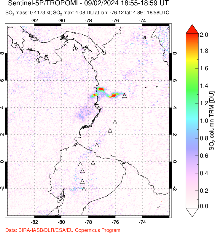 A sulfur dioxide image over Ecuador on Sep 02, 2024.