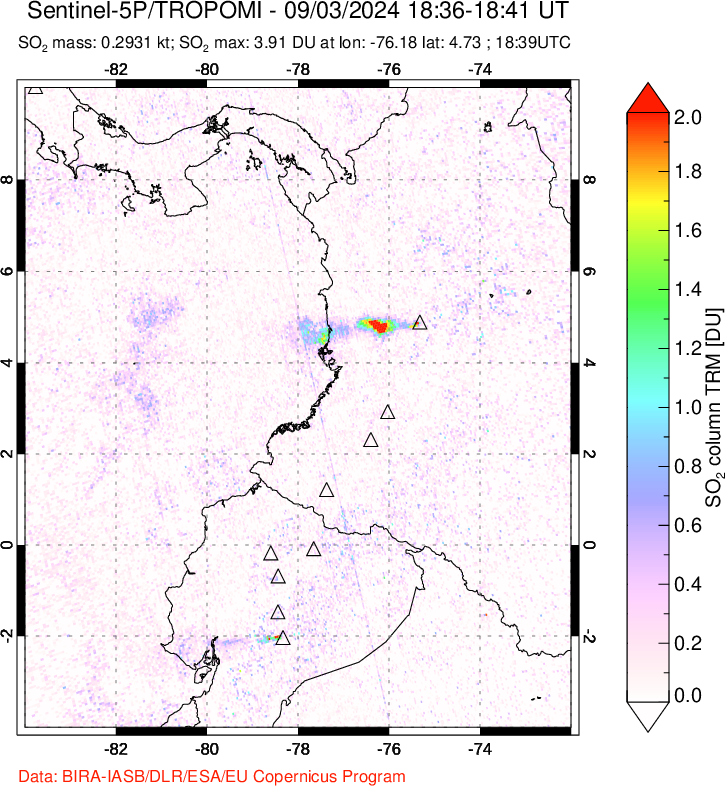 A sulfur dioxide image over Ecuador on Sep 03, 2024.