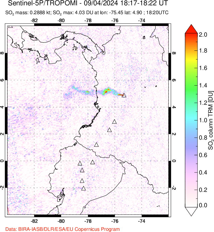 A sulfur dioxide image over Ecuador on Sep 04, 2024.